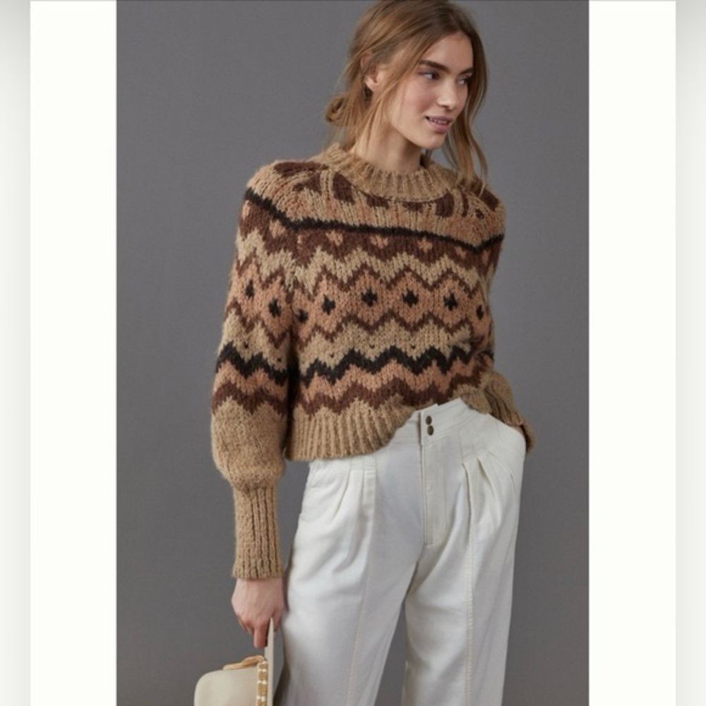 Anthropologie Chunky Fair Isle Sweater in Tan, Brown, Black